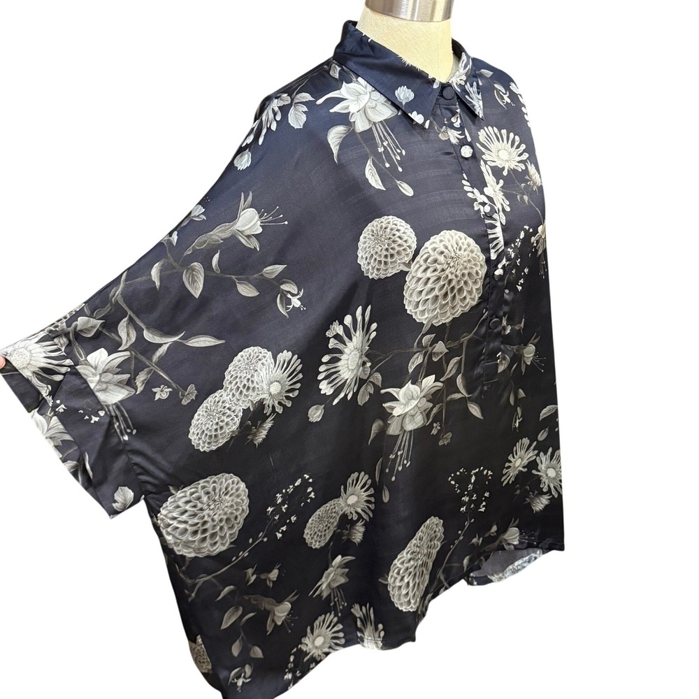 Yavi M Daisy Floral Black 100% Cupro Oversized Dolman Sleeve Top Moody Designer